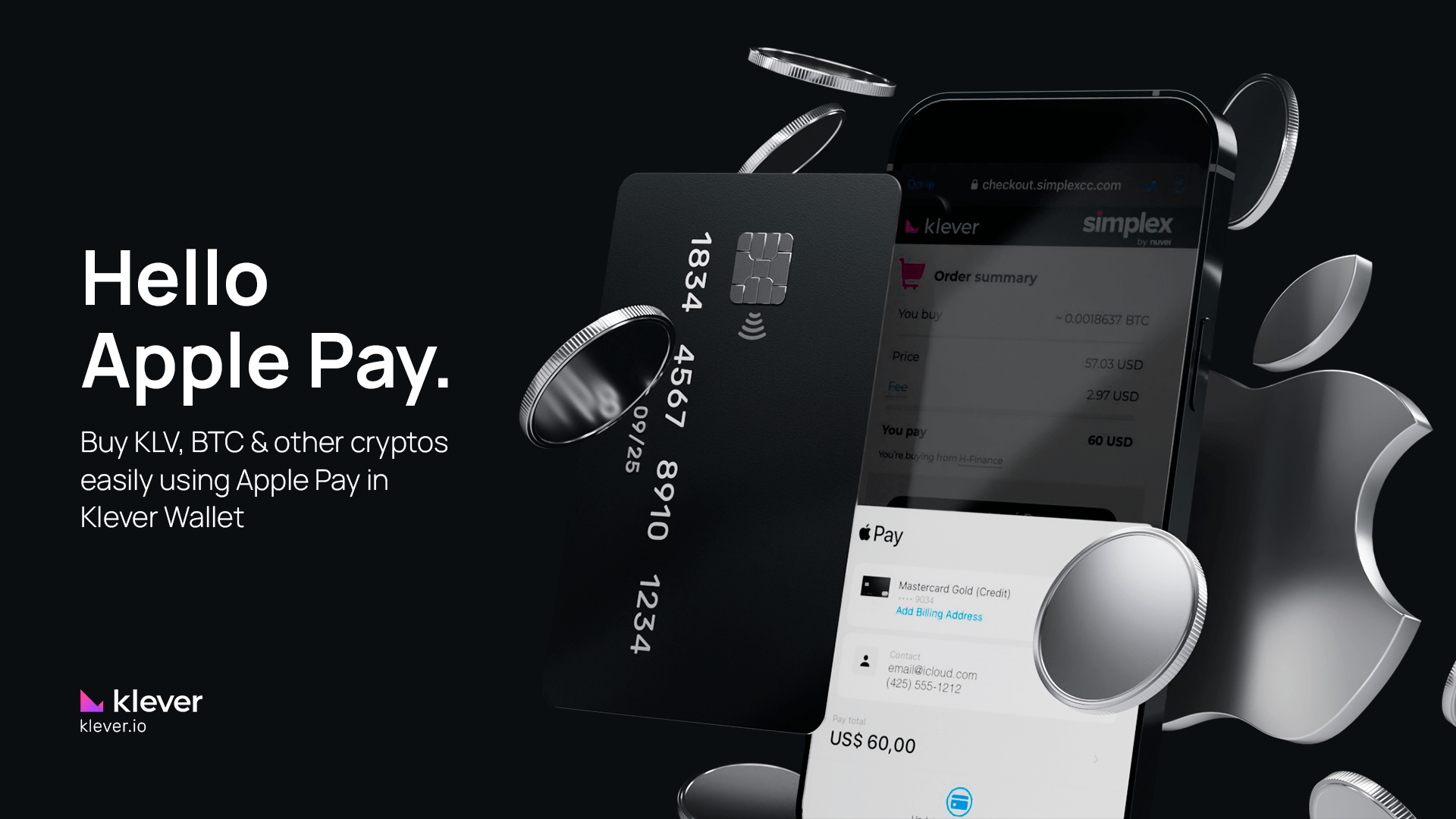 Klever Wallet app showing Apple Pay used to buy crypto like Bitcoin and KLV.