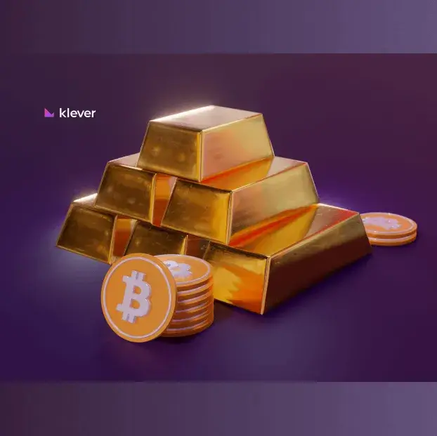 Stacked gold bars alongside Bitcoin coins on a purple background, symbolizing digital and traditional store of value, with Klever branding