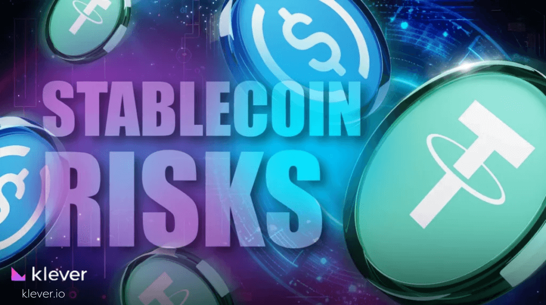 Digital graphics featuring stablecoin tokens like USDT and USDC in the background, highlighting the text 'Stablecoin Risks,' representing the risks associated with stablecoins