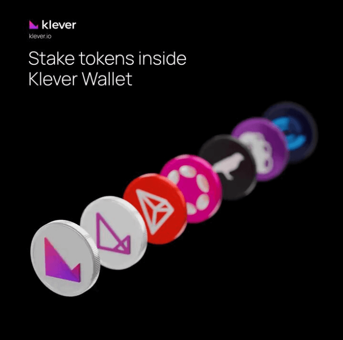 "Sequence of cryptocurrency tokens, including Klever, TRON, and Polkadot, floating against a dark background. Text highlights the staking option within Klever Wallet