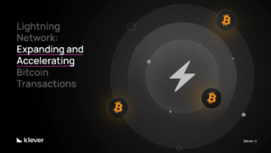 Graphic featuring the Lightning Network with the text 'Expanding and Accelerating Bitcoin Transactions.' A central lightning bolt icon is surrounded by Bitcoin symbols, highlighting fast and efficient Bitcoin payments. Dark background with orange accents. Klever logo and website URL included