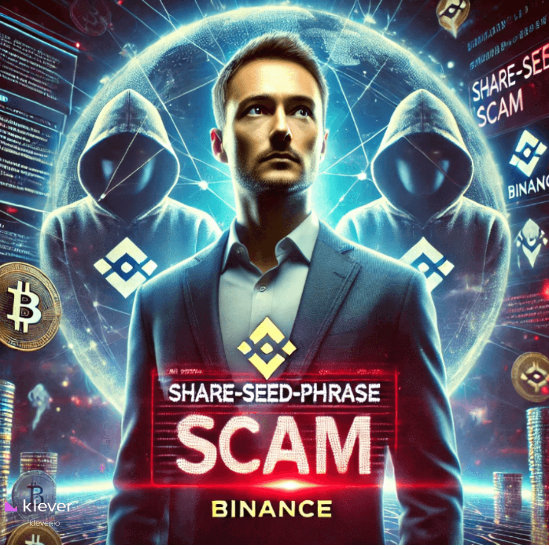 Digital artwork illustrating a scam alert related to Binance, featuring the phrase 'Share-Seed-Phrase SCAM'. 