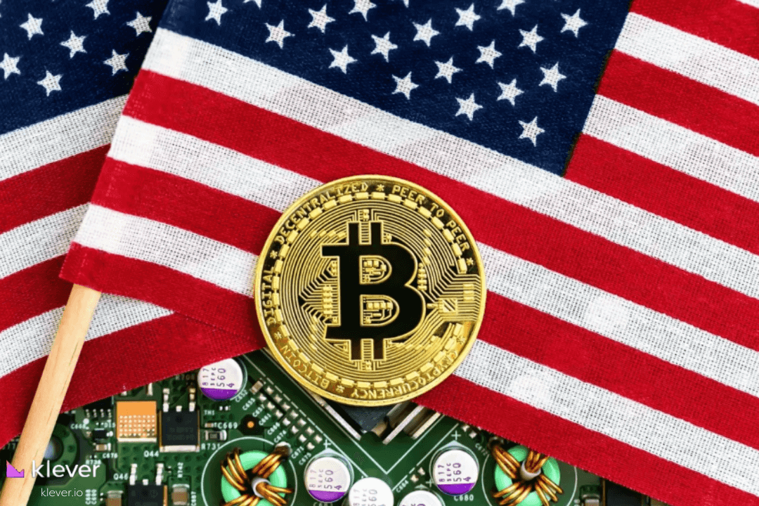 Bitcoin coin on a circuit board, surrounded by U.S. flags, symbolizing the connection between cryptocurrencies, technology, and American regulation.