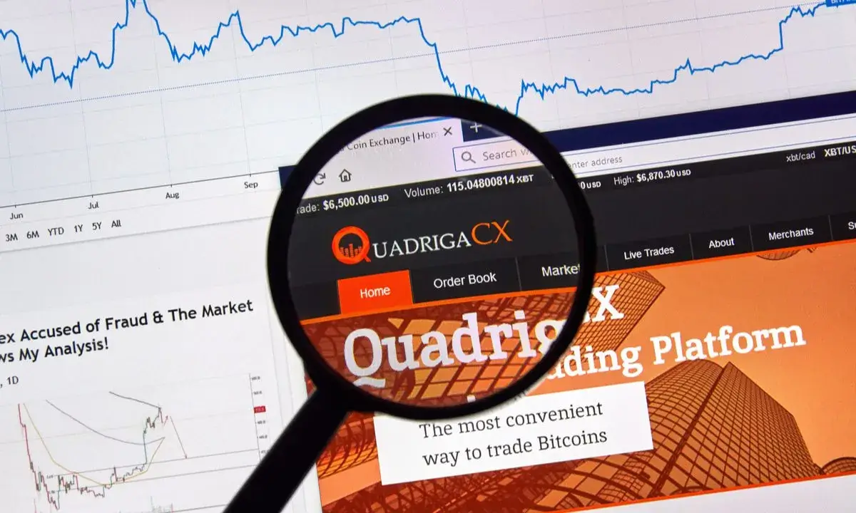 QuadrigaCX exchange webpage magnified by a lens, with charts and news in the background, symbolizing an investigation into fraud and the cryptocurrency market