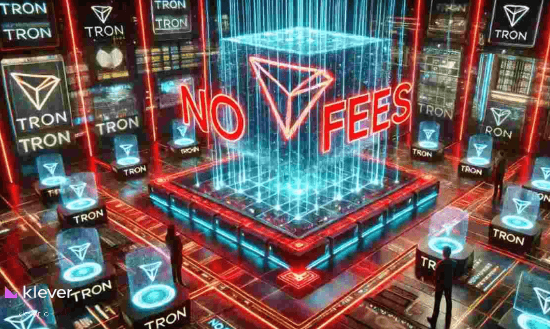 Arte digital futurista destacando o logotipo da Tron (TRX) em um cubo holográfico com a frase 'No Fees', simbolizando transações sem taxas na blockchain Tron