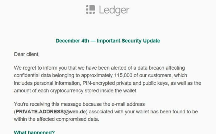 Fake email supposedly from Ledger warning about a data breach affecting 115,000 customers, requesting sensitive information. Possible phishing attempt