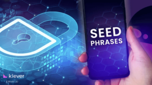 Hand holding a smartphone displaying the phrase 'Seed Phrases,' next to a digital lock icon from Klever, symbolizing security in crypto assets