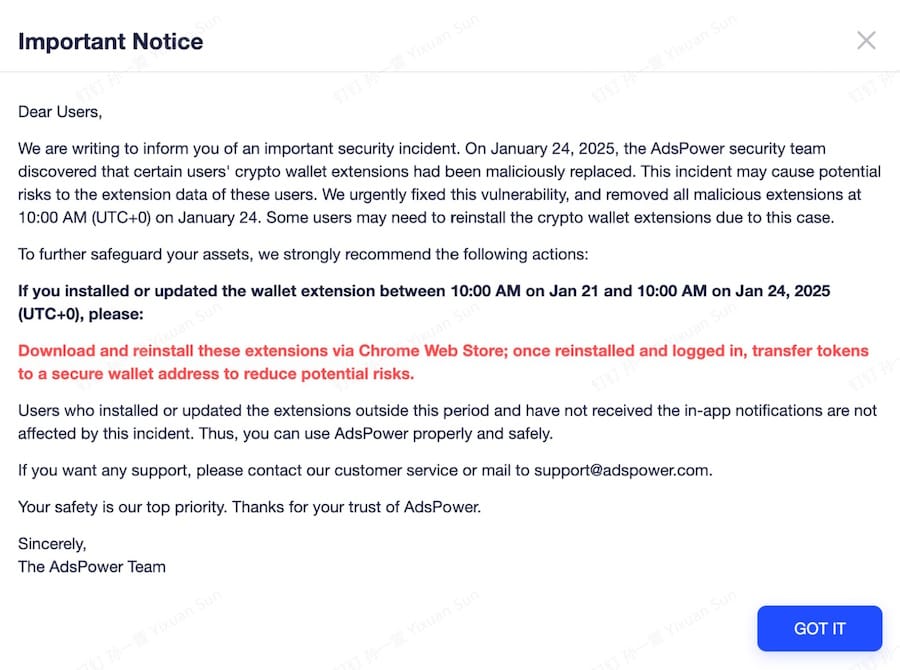 AdsPower security notice warns of a crypto wallet extension vulnerability; users affected between Jan 21-24, 2025, should reinstall and secure funds