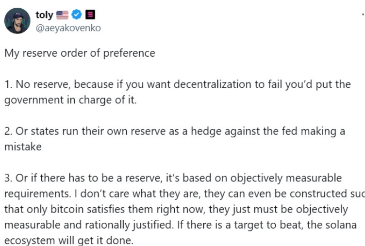 Tweet by Anatoly Yakovenko (@aeyakovenko) about his order of preference for financial reserves, mentioning decentralization, Bitcoin, and Solana.