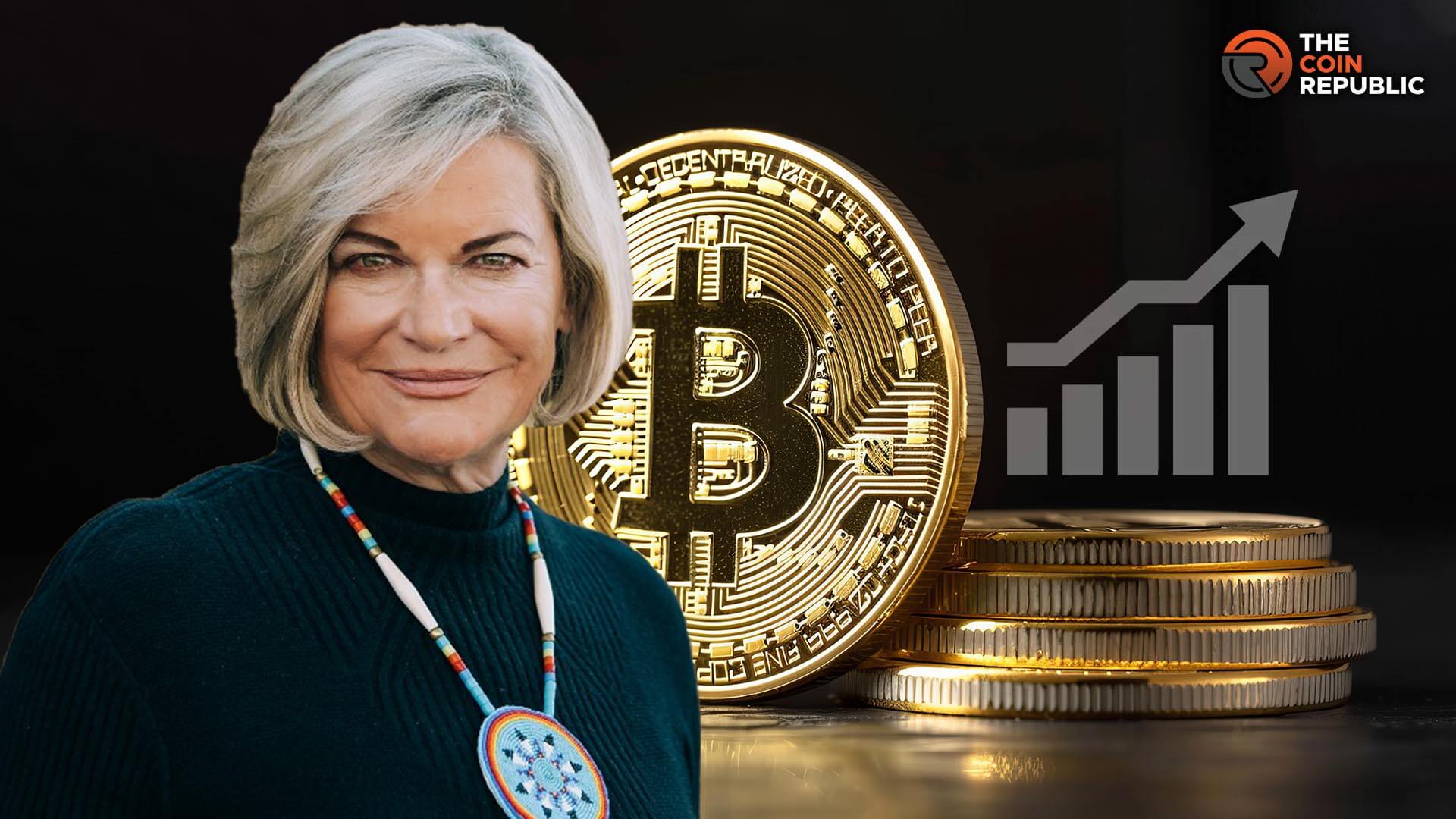Portrait of Cynthia Lummis in front of a large Bitcoin coin with a rising chart icon, symbolizing Bitcoin growth, featured by The Coin Republic