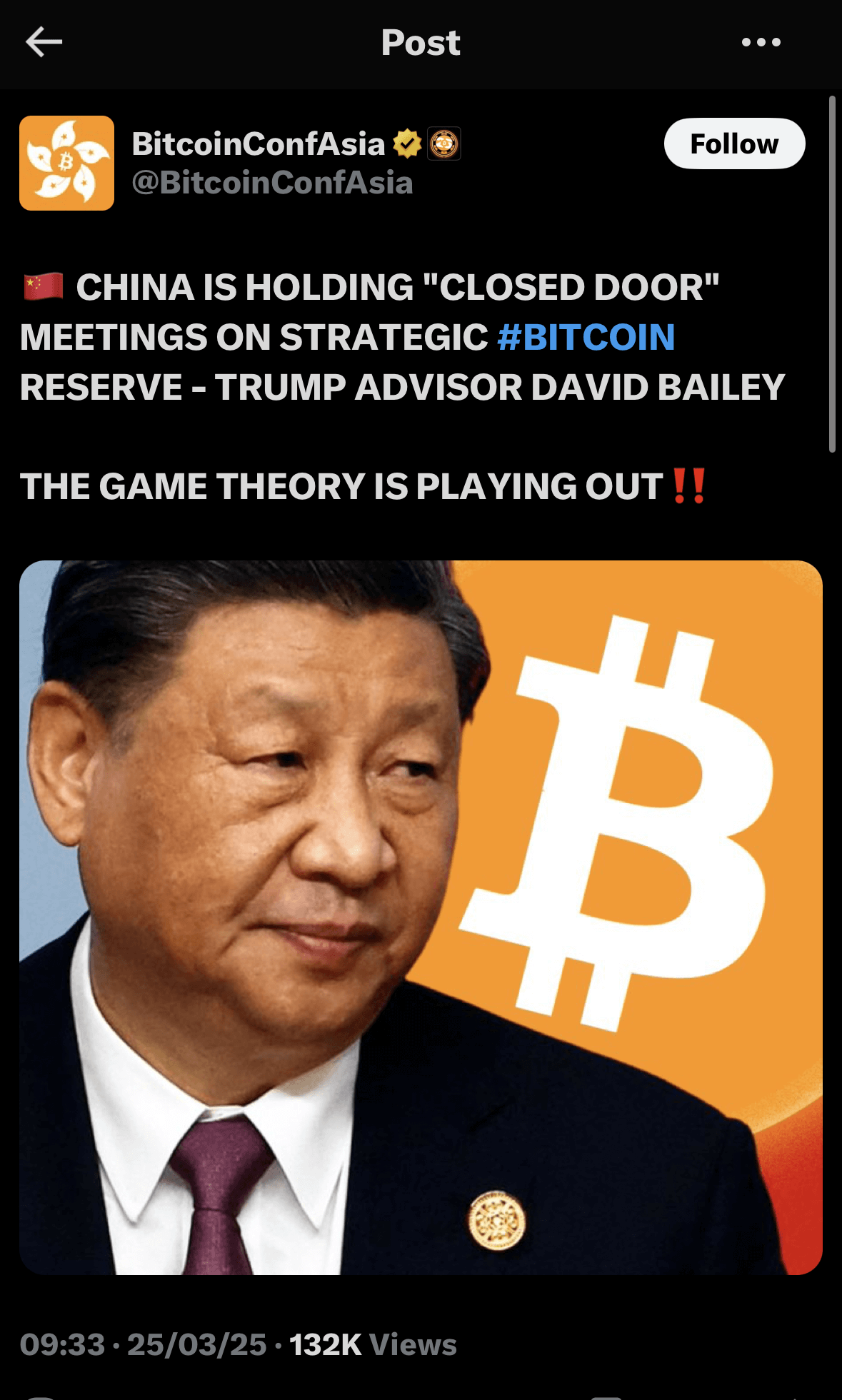 Post claims China is holding closed-door talks on Bitcoin reserves, showing Xi Jinping beside a large Bitcoin symbol.