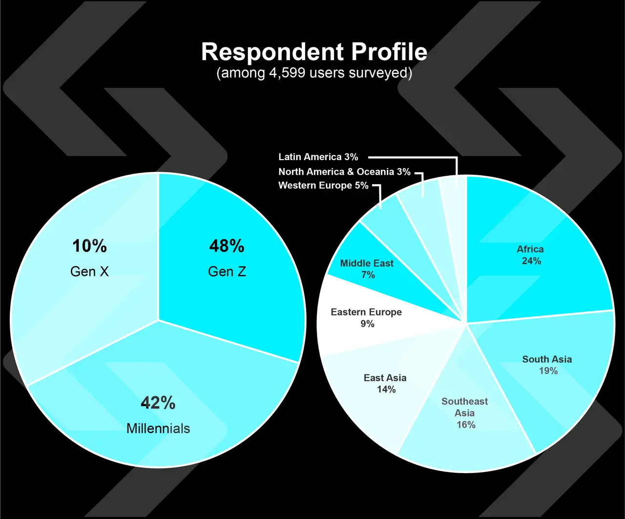 Two pie charts showing user demographics from 4,599 survey respondents: 48% Gen Z, 24% from Africa, and 19% South Asia.