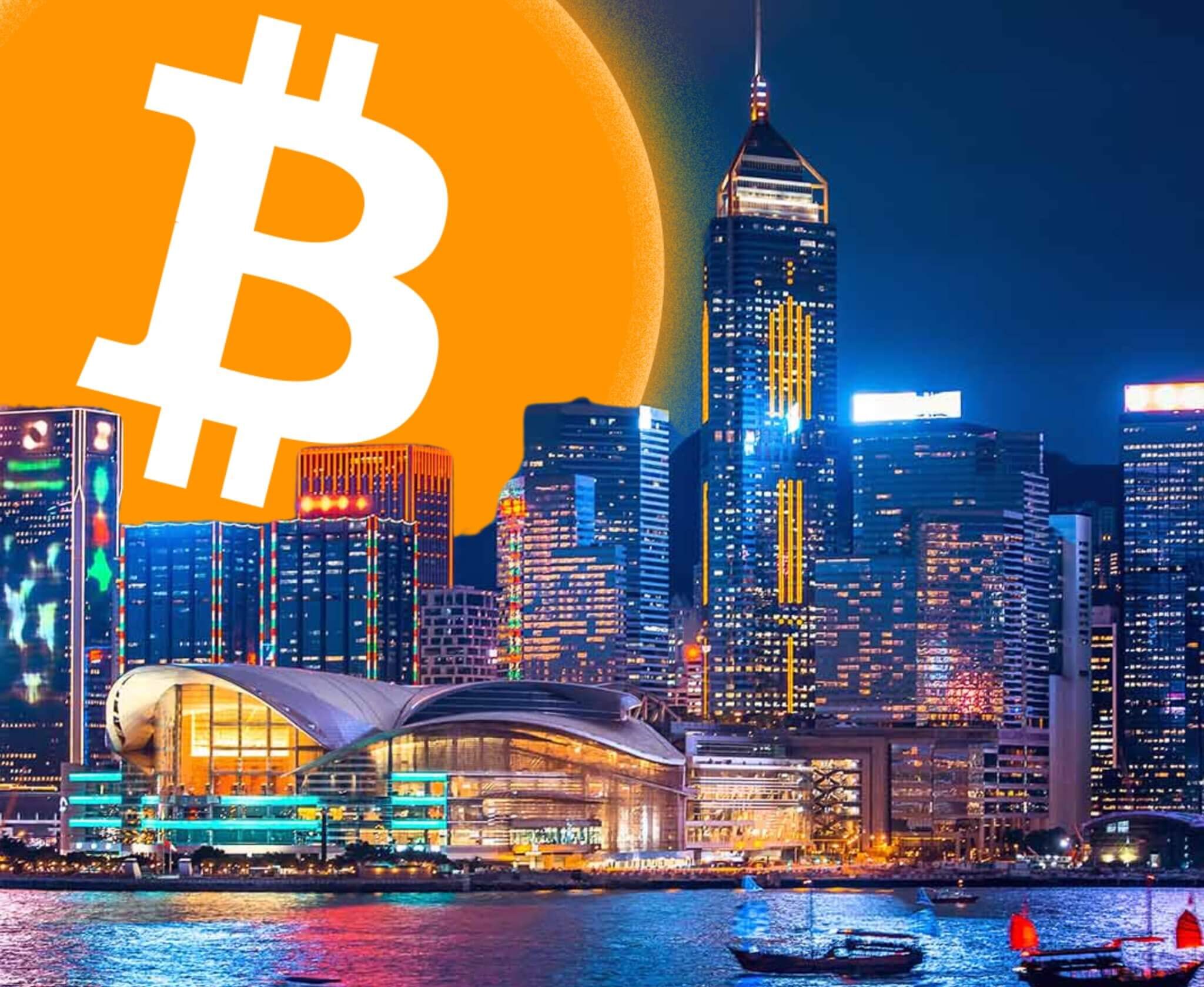 Bright Bitcoin symbol rises over Hong Kong skyline at night, symbolizing cryptocurrency adoption in Asian financial hubs.