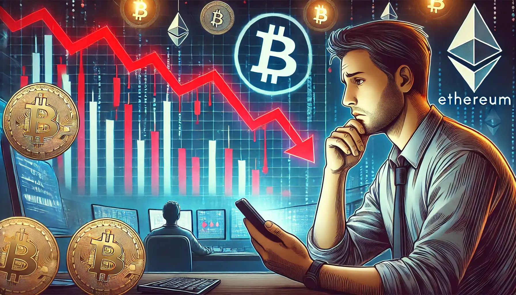 Illustration of a concerned trader checking cryptocurrency prices on his phone as Bitcoin and Ethereum decline, with a red downward trend line