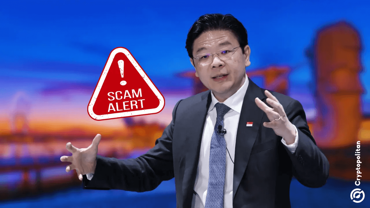 Singapore Prime Minister featured in an AI deepfake scam, with a 'Scam Alert' sign next to him, warning about fraudulent crypto and residency schemes.