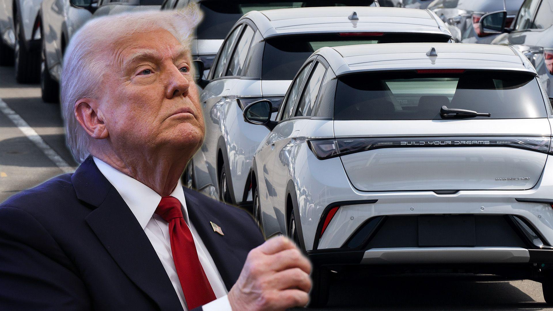 Donald Trump in front of BYD electric vehicles, symbolizing U.S. trade tensions and policies on Chinese EV imports.