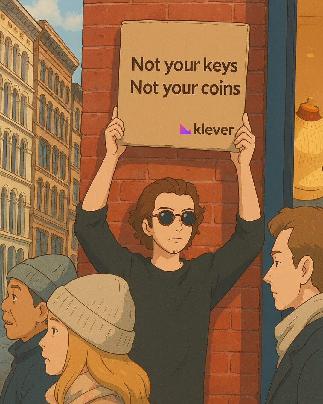Animated protester holds a cardboard sign reading “Not your keys, not your coins” with Klever logo on a city street.