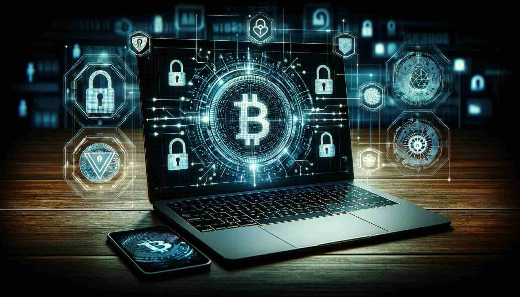 Bitcoin logo displayed on a laptop and smartphone with cybersecurity icons, illustrating blockchain network protection.