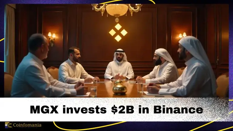 Middle Eastern investors in a conference room discussing a $2B investment in Binance, with the Binance logo illuminated on the wall.