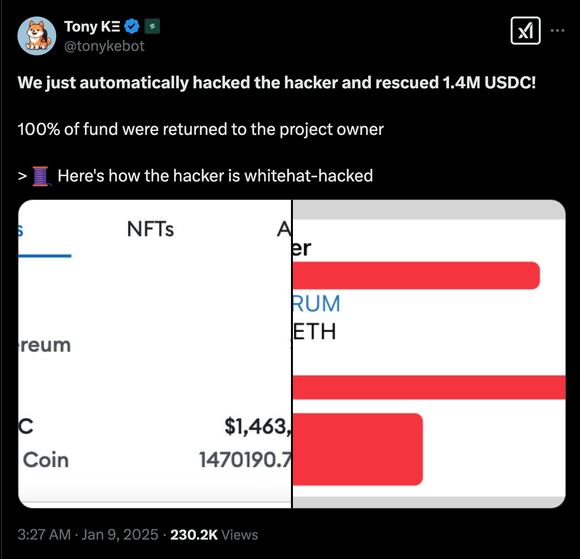 X post by Tony KE announcing a successful whitehat hack, recovering 1.4M USDC from an attacker and returning it to the project owner.