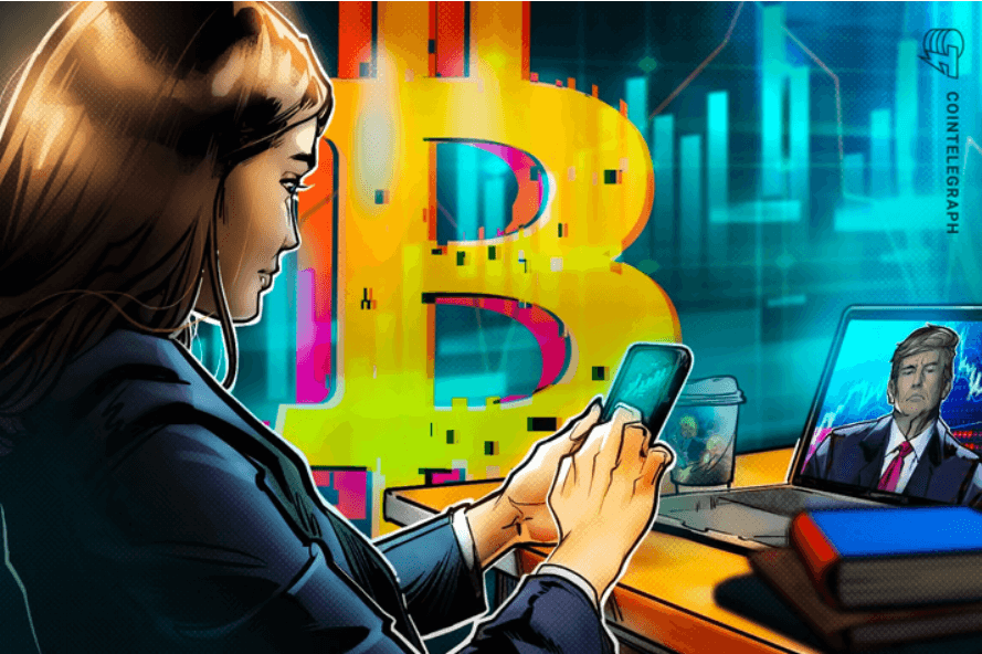 Illustration of a woman analyzing Bitcoin charts on her phone, with a large BTC symbol in the background. On a screen, Trump appears in a broadcast.