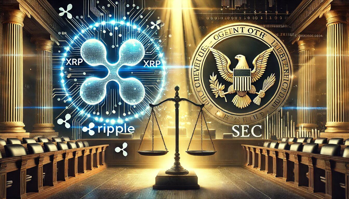 Symbolic courtroom battle between Ripple (XRP) and the U.S. SEC, represented by a scale of justice, digital elements, and legal symbols