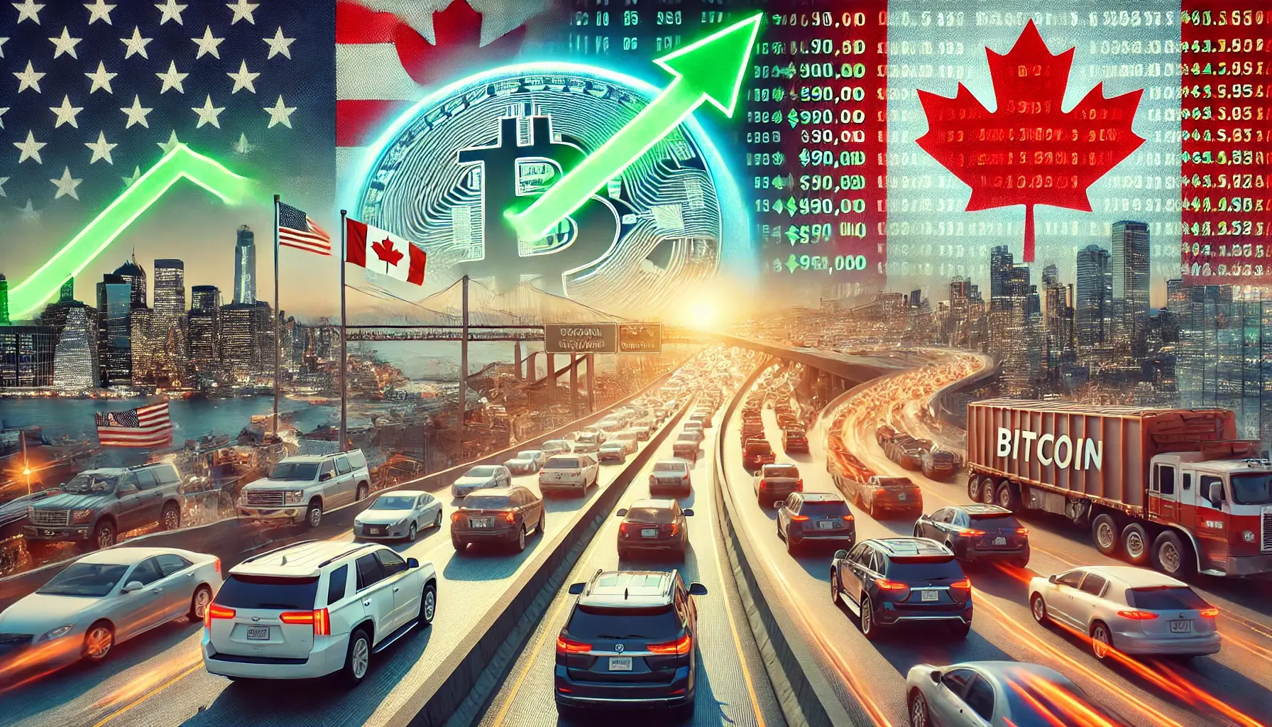 Illustration of a highway with heavy traffic leading to a cityscape, featuring U.S. and Canadian flags, Bitcoin symbols, and rising price charts.