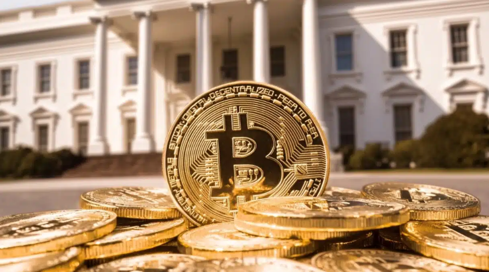 Gold Bitcoin tokens stacked in front of the White House, symbolizing U.S. government interest in cryptocurrency policy.