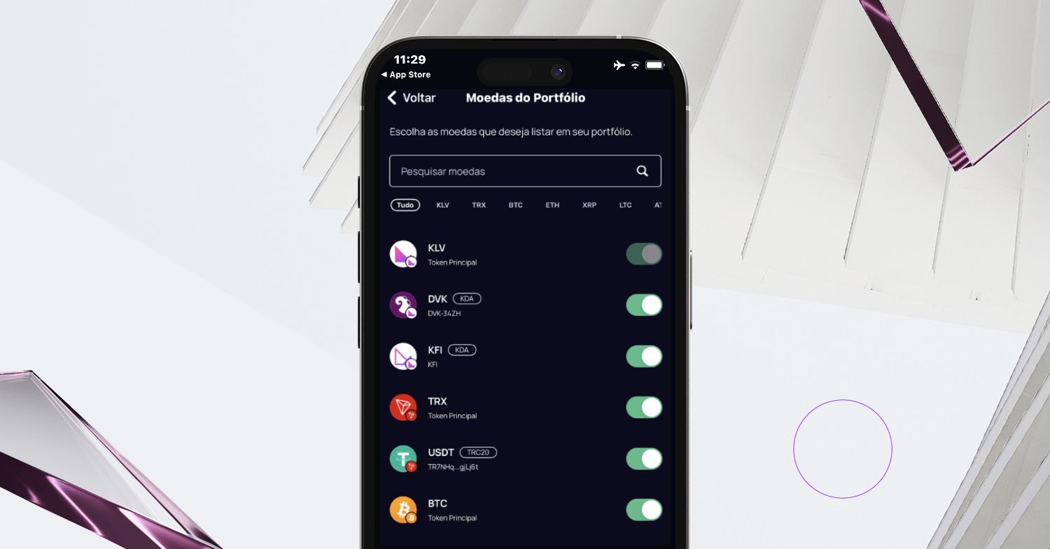 Interface da Klever Wallet mostrando personalização do portfólio de tokens, incluindo opções para KLV, TRX, BTC, ETH, XRP e USDT.