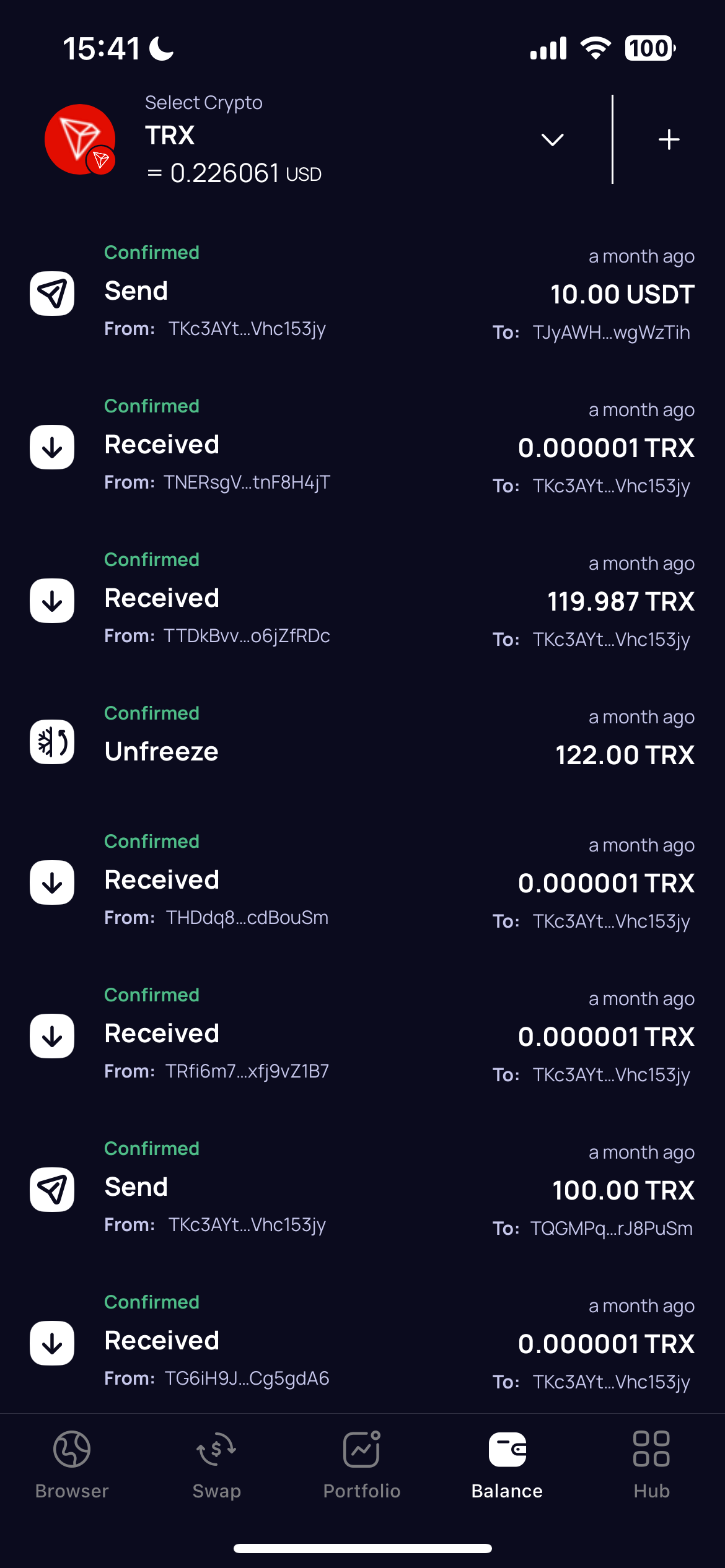 Klever Wallet showing small TRX deposits, indicating address poisoning fraud