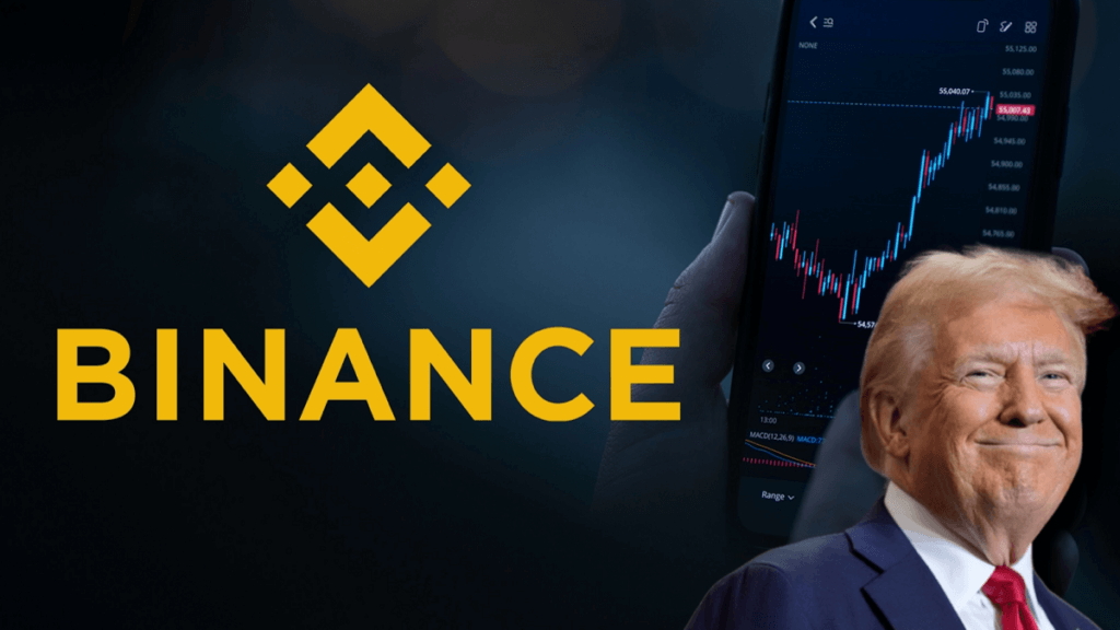 Binance logo with a stock chart on a phone and a smiling Donald Trump in the foreground, symbolizing potential market influence.