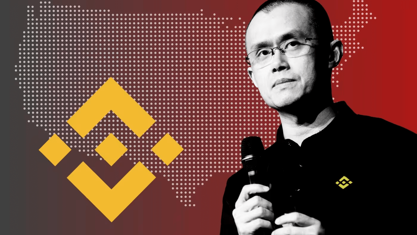 Illustration of Binance founder Changpeng Zhao holding a microphone with the Binance logo and a dotted map of the United States in the background, referencing the 2019 Binance hack