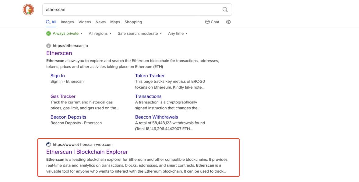 Resultados de busca mostrando dois links do Etherscan—um legítimo (etherscan.io) e outro de phishing (et-herscan-web.com)—destacando a importância de verificar URLs para evitar golpes com criptomoedas