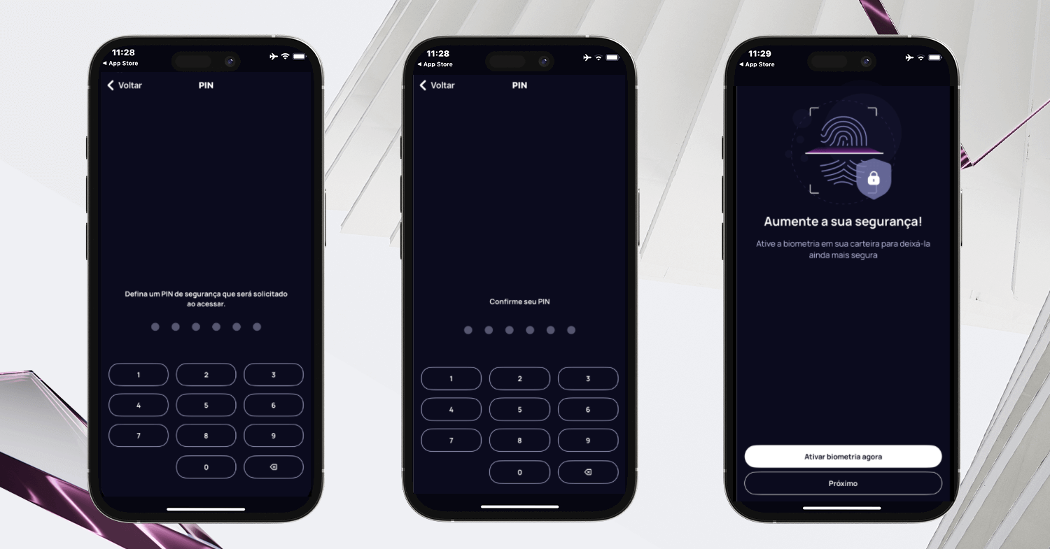 Telas de configuração da Klever Wallet mostrando criação de PIN, confirmação e prompt de autenticação biométrica para maior segurança.