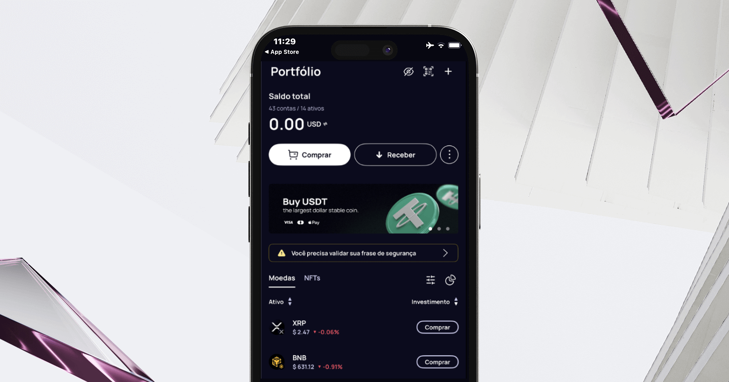 Painel da Klever Wallet mostrando saldo de US$ 0, opção de compra em USDT, alerta de validação de seed e tokens SOL/TRX prontos para compra.