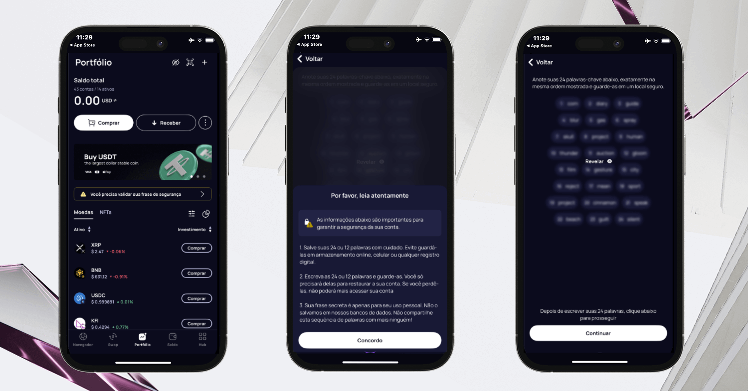 Interface da Klever Wallet que guia o usuário pelo backup da frase-semente, incluindo alerta, instruções e chave de recuperação desfocada de 24 palavras.