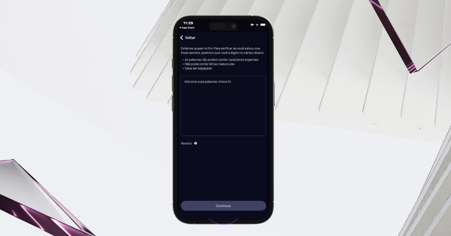 Interface de carteira de criptomoedas solicitando que o usuário confirme a frase-semente de 24 palavras para verificação de backup seguro antes da configuração da conta.