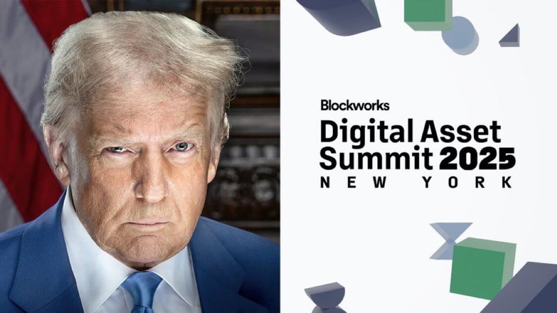 Digital composition featuring a man in a blue suit with a serious expression next to the logo of the Digital Asset Summit 2025, a Blockworks event in New York. The background includes geometric elements and a partially visible U.S. flag.