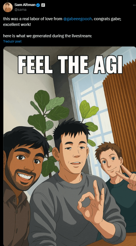 Anime-style illustration of three smiling men posing for a selfie under bold text “FEEL THE AGI”, with indoor plants behind them.