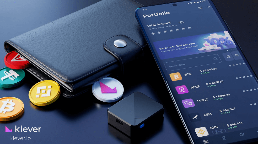 Digital and physical cryptocurrency wallets with various crypto coins, a hardware wallet, and a mobile portfolio app displaying token balances.