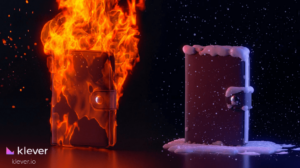 Comparison of a hot wallet on fire and a cold wallet covered in ice, symbolizing the security differences in cryptocurrency storage methods