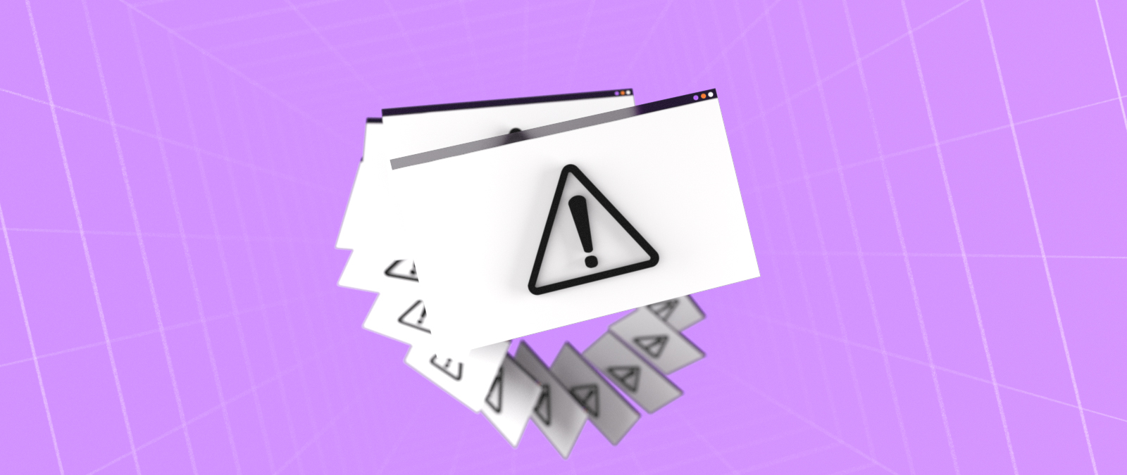 Floating warning icons on multiple overlapping browser windows against a purple grid background, symbolizing phishing scams or cybersecurity threats