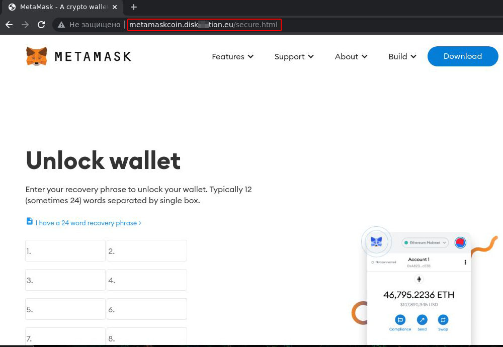 Site de phishing imitando a MetaMask, solicitando que os usuários insiram sua frase de recuperação, com uma URL suspeita destacada no topo do navegador.