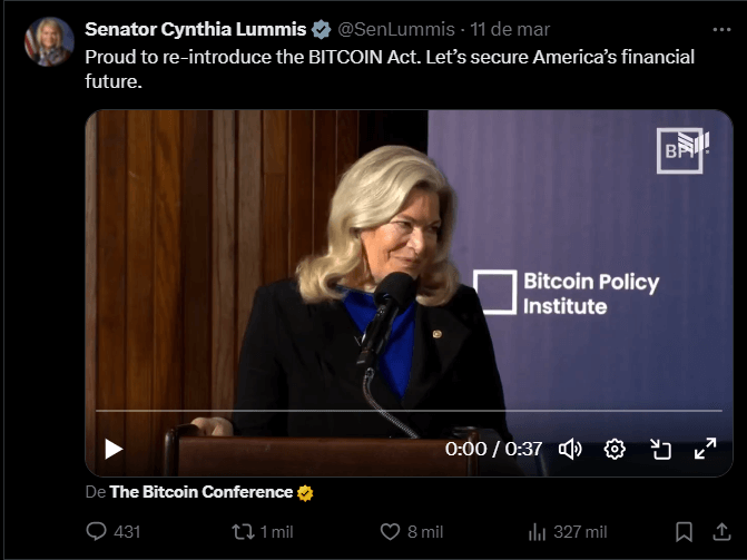 Print Screen of X when Senator Cynthia Lummis speaks at a podium with a Bitcoin Policy Institute backdrop, announcing the reintroduction of the BITCOIN Act