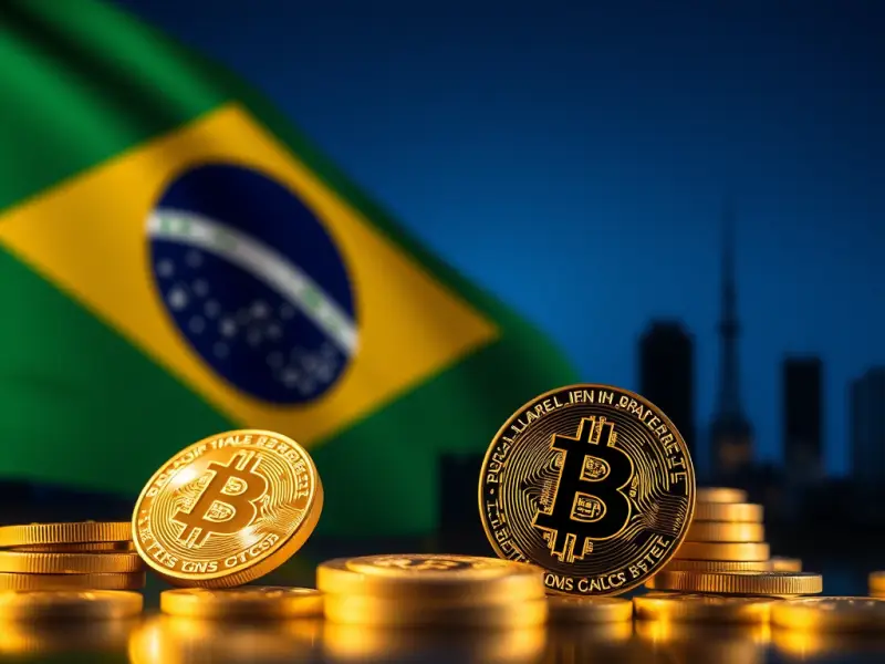 Moedas de Bitcoin em destaque com bandeira do Brasil ao fundo, representando adoção de criptomoedas no país.