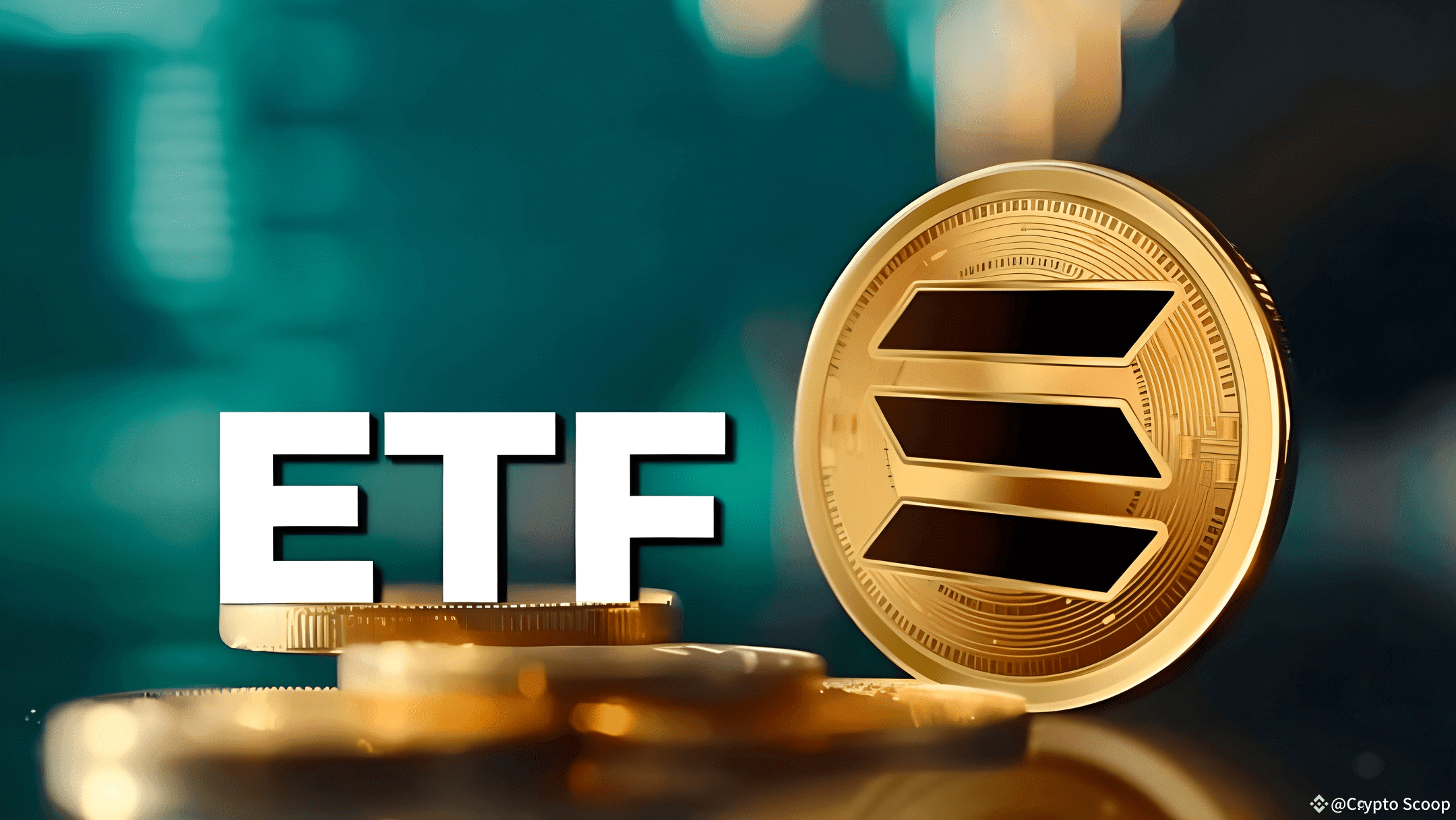 Gold coin with Solana logo next to bold white ETF text, symbolizing a potential Solana exchange-traded fund concept.