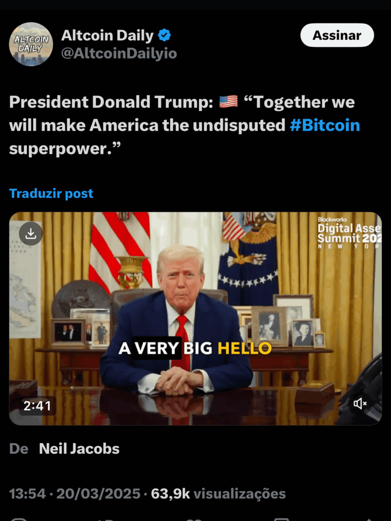 Screenshot of a tweet from Altcoin Daily featuring a video of Donald Trump in his office