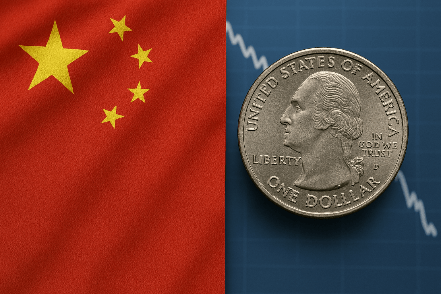 Chinese flag and U.S. dollar coin side by side with falling market chart, symbolizing U.S.-China trade tension and economic decline.