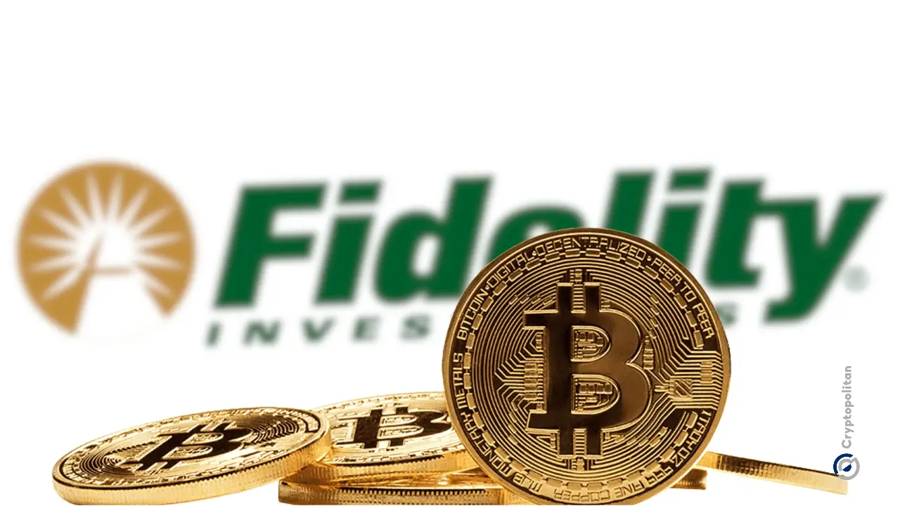 Bitcoin coins in front of the Fidelity Investments logo, symbolizing the firm’s growing involvement in cryptocurrency markets.