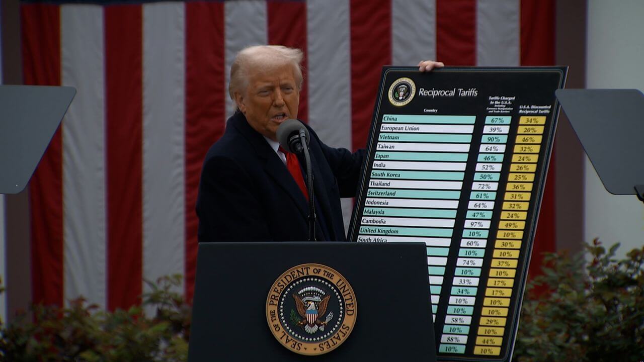 Donald Trump holds a chart comparing reciprocal tariffs between the U.S. and countries like China, EU, Japan, and India during a presidential speech.